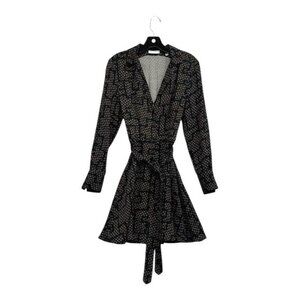 Equipment Wrap Dress Womens Size 4 Black Patterned Long Sleeve Viscose Tie Waist